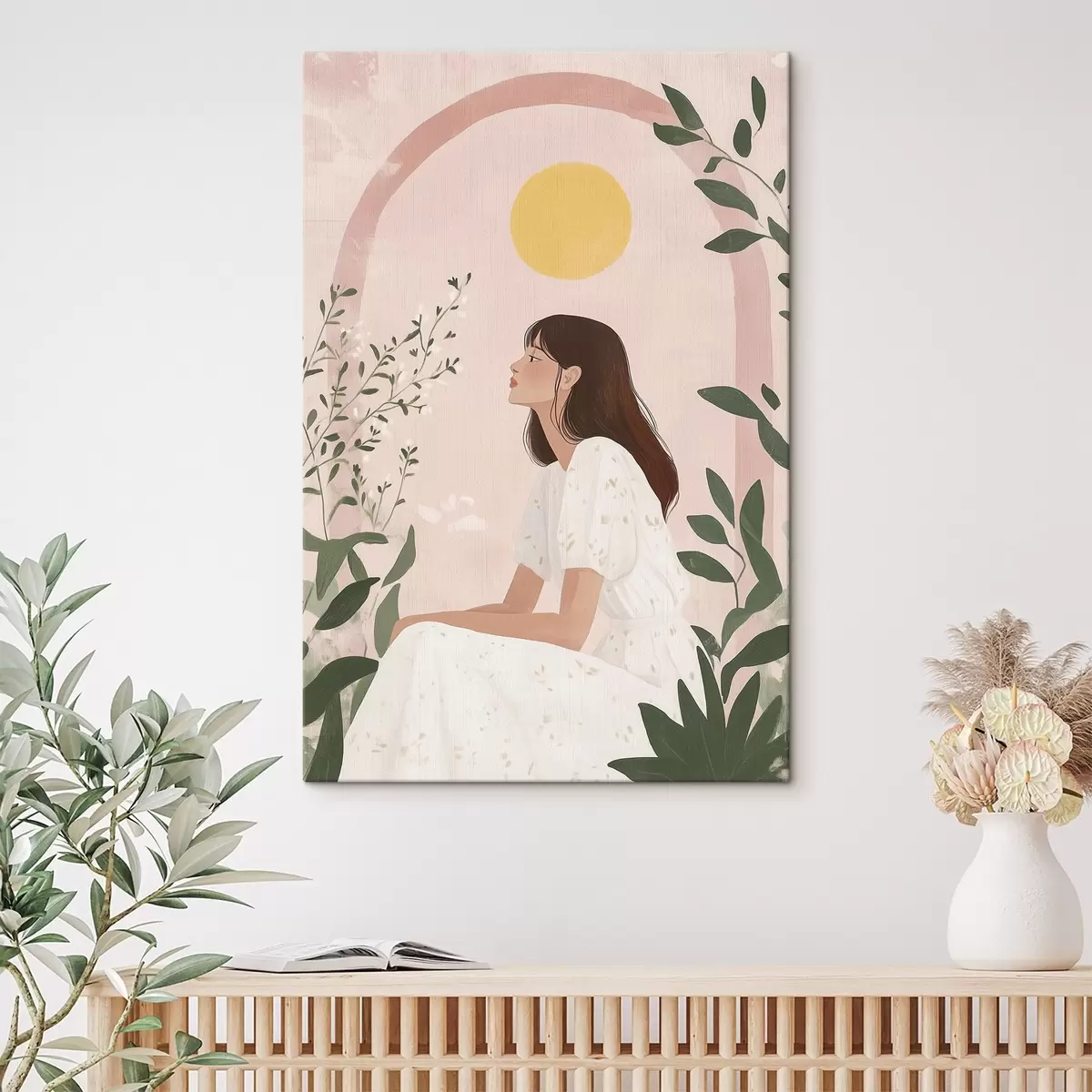Tablouri Femeie frumoasă în grădina tropicală, soare, culori pastelate s44155