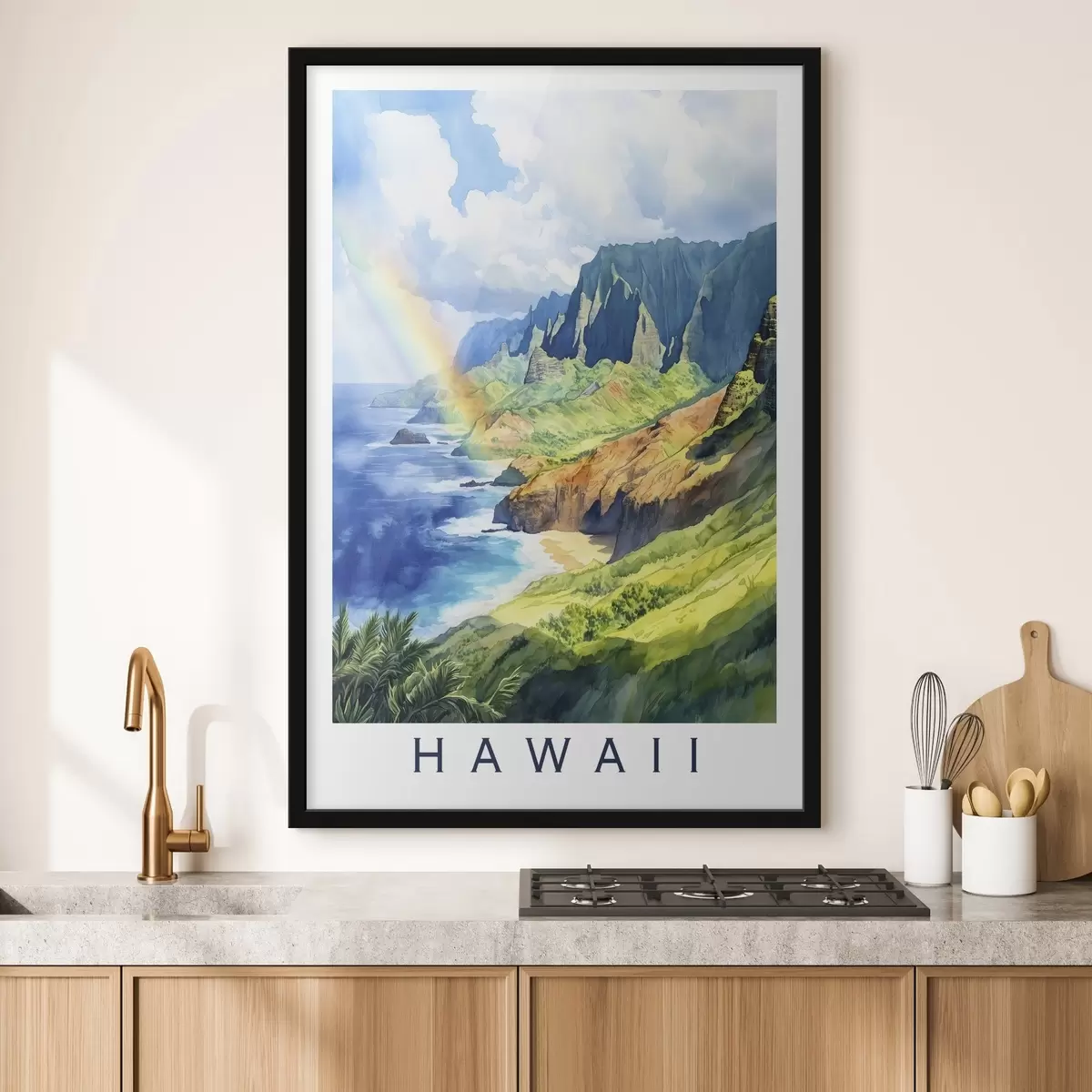 Poster Insula Hawaii, stil acuarelă, curcubeu, munți verzi, ocean f44141