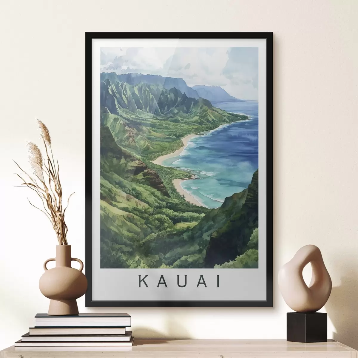 Poster Munți verzi, Hawaii, ocean, tropical, stil acuarelă f44143
