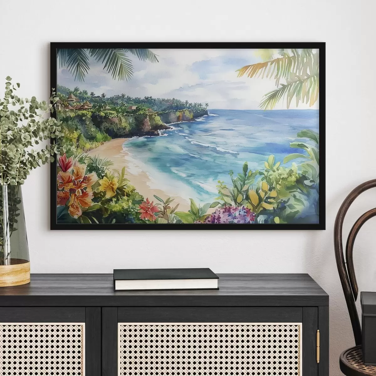 Poster Plajă tropicală oceanică, palmieri, flori, stil acuarelă f44145