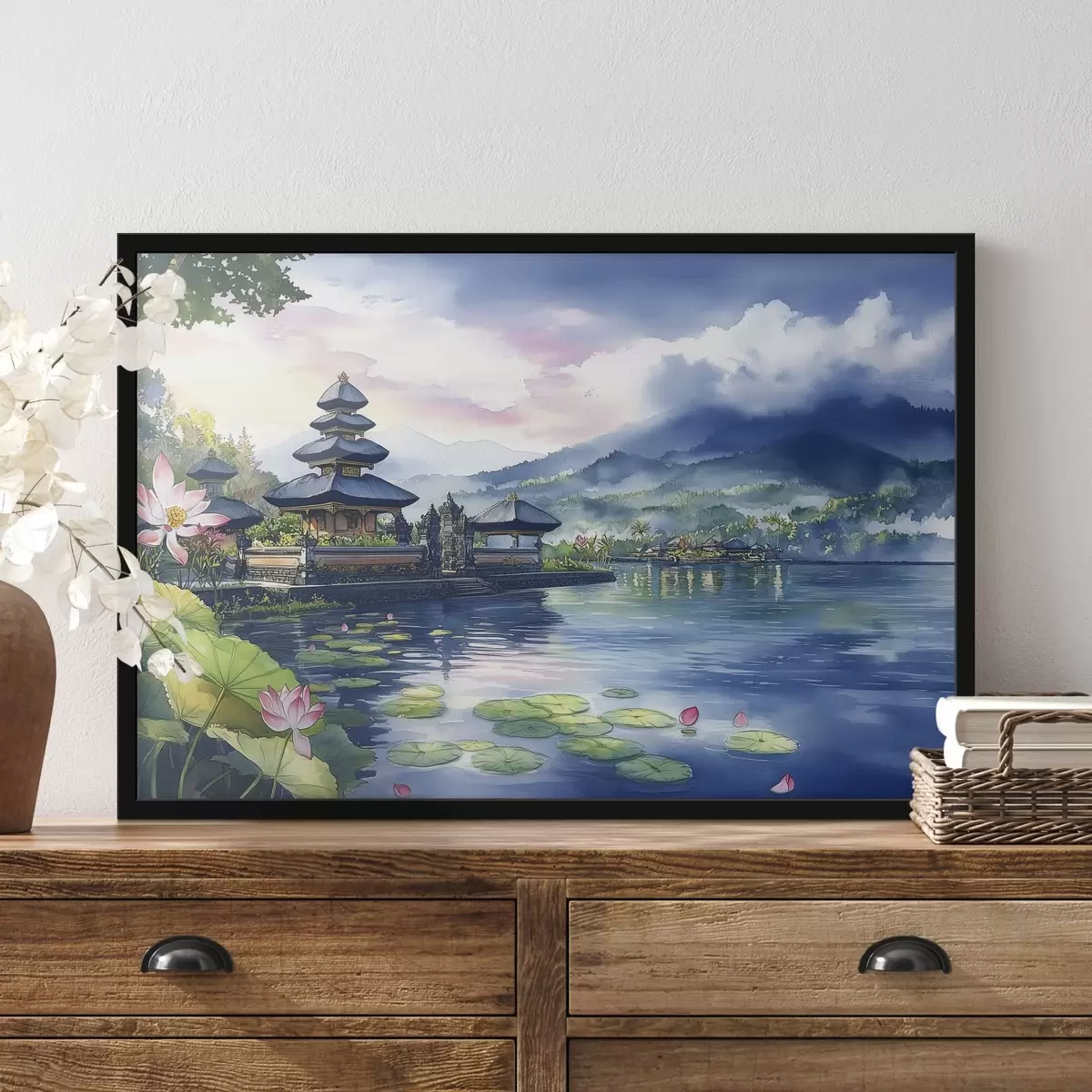 Poster Indoneziană insulă, templu, buddhism, natura tropicală, stil acuarelă f44148