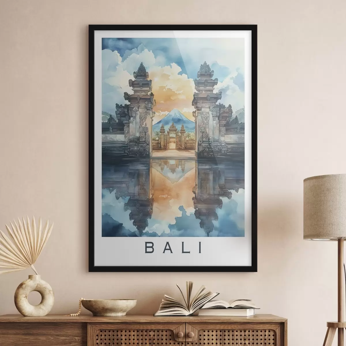 Poster Bali estetică, templu, apus de soare, natură tropicală, stil acuarelă f44149