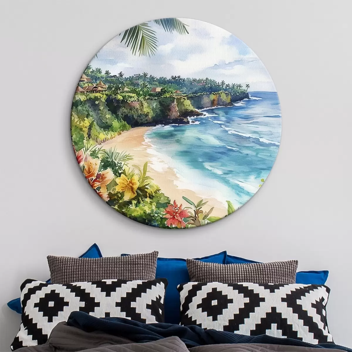 Picturi rotunde Plajă tropicală oceanică, palmieri, flori, stil acuarelă r44145