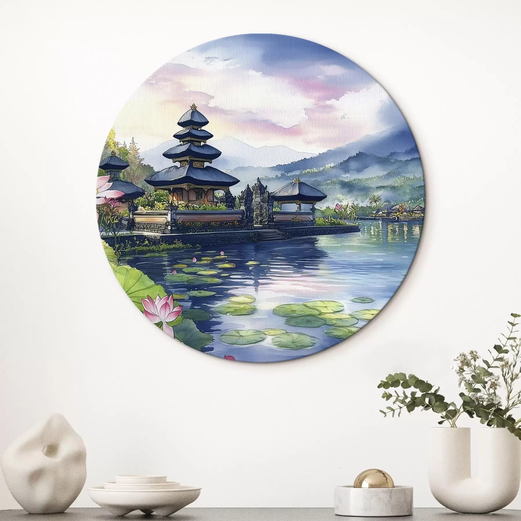 Tablouri Indoneziană insulă, templu, buddhism, natura tropicală, stil acuarelă r44148