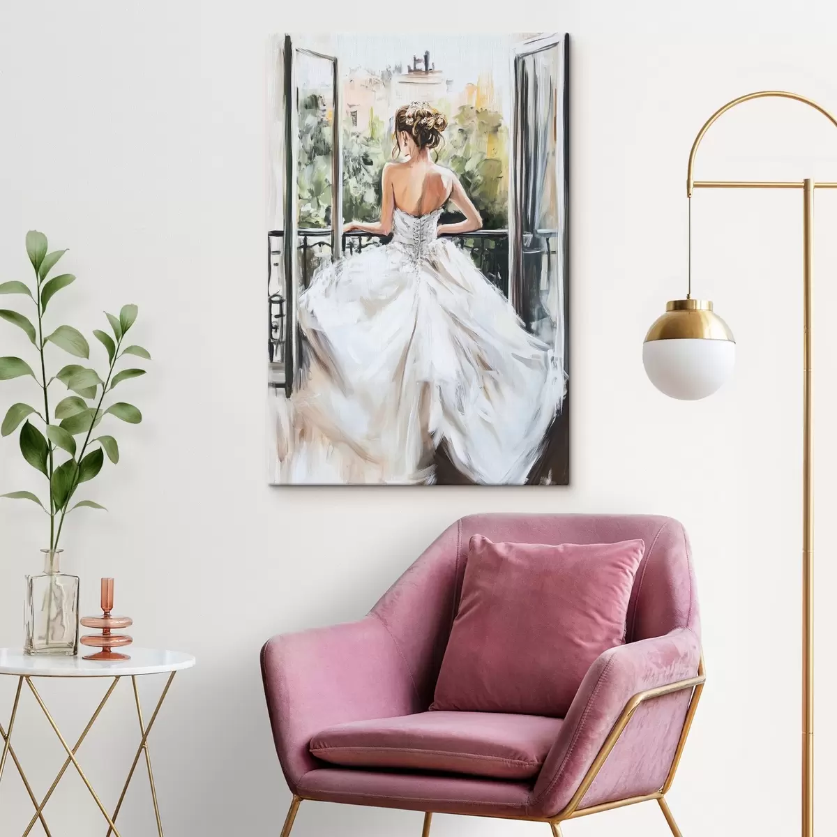 Tablouri Fată într-o rochie albă pe balcon s44226