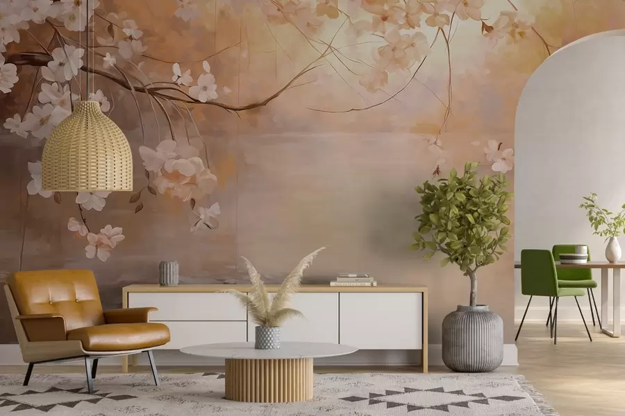 fototapet Abstract peisaj arta cu ramură de flori și flori albe agățat peste un lac, culori pastelate moi w09046