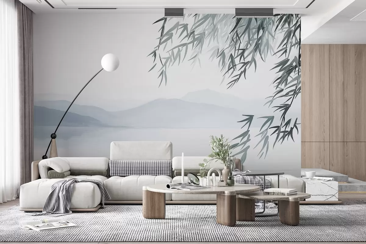 fototapet Frunze de bambus agățate deasupra unui lac cu munți în fundal, tonuri moi de albastru și alb, stil de pictură cu cerneală w09048