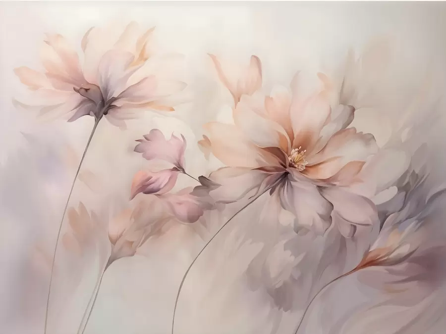 fototapet O artă florală delicată cu flori mari de culoare pastel cu petale translucide, tulpini moi și un fundal ușor difuz  w09050