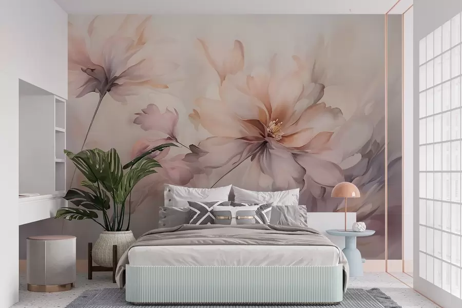 fototapet O artă florală delicată cu flori mari de culoare pastel cu petale translucide, tulpini moi și un fundal ușor difuz  w09050