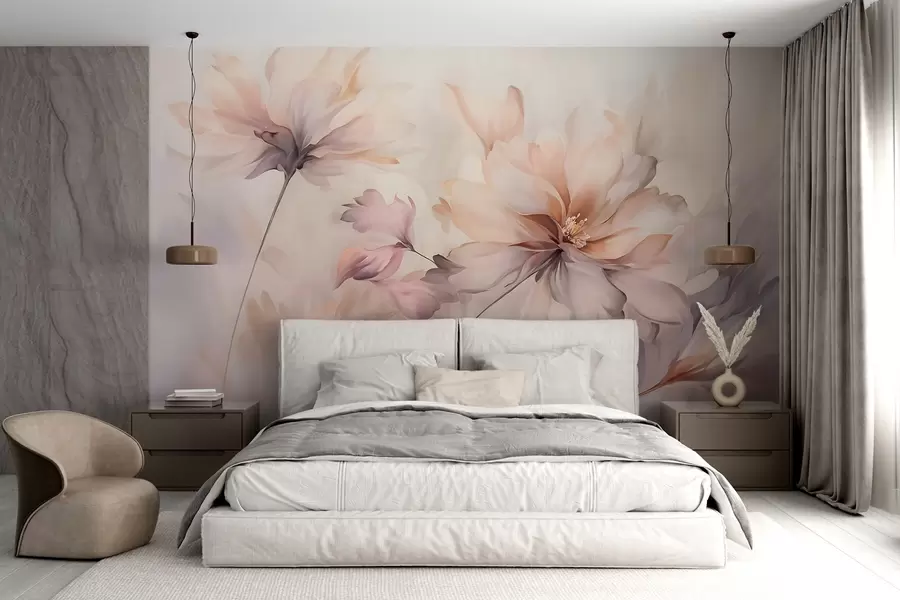 fototapet O artă florală delicată cu flori mari de culoare pastel cu petale translucide, tulpini moi și un fundal ușor difuz  w09050