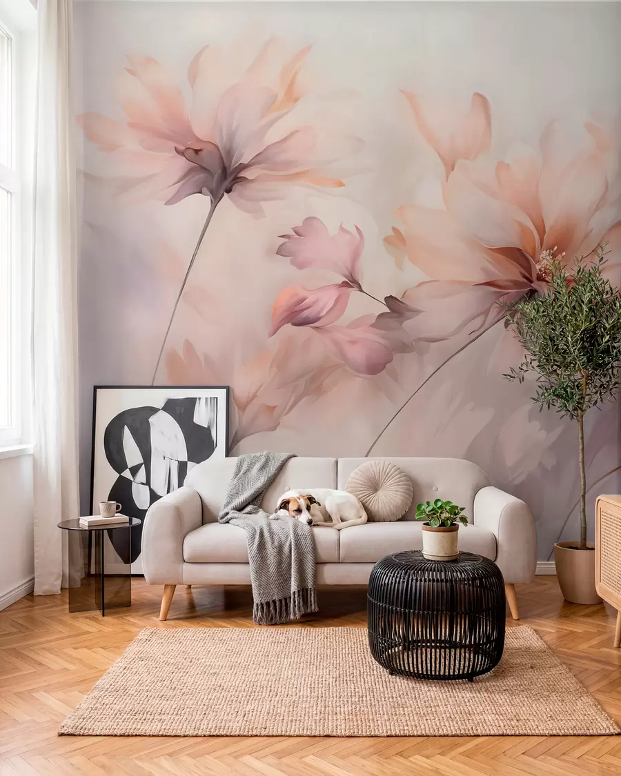 fototapet O artă florală delicată cu flori mari de culoare pastel cu petale translucide, tulpini moi și un fundal ușor difuz  w09050