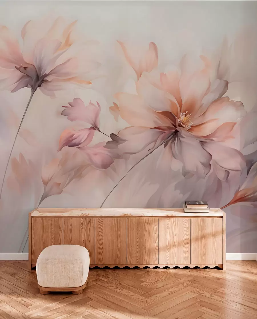fototapet O artă florală delicată cu flori mari de culoare pastel cu petale translucide, tulpini moi și un fundal ușor difuz  w09050