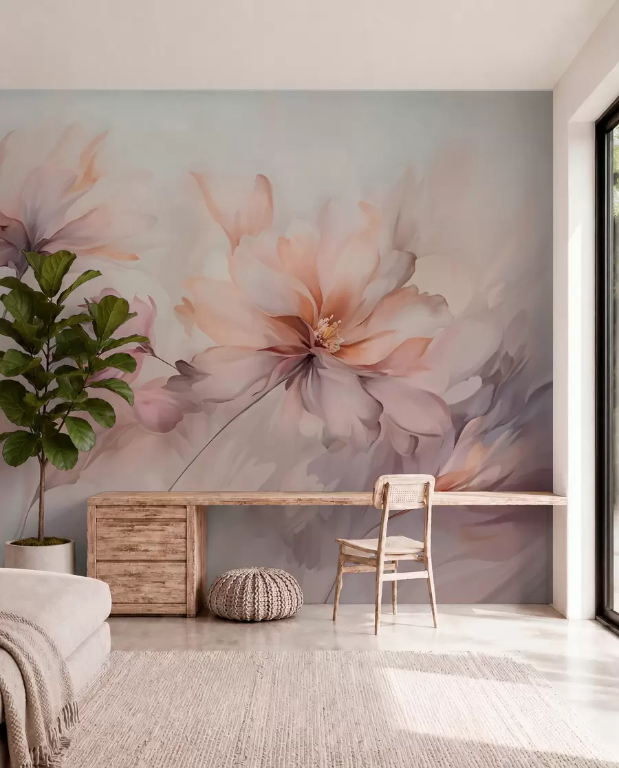 fototapet O artă florală delicată cu flori mari de culoare pastel cu petale translucide, tulpini moi și un fundal ușor difuz  w09050