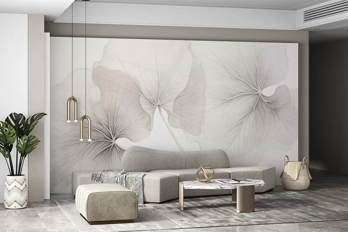 fototapet Trei frunze translucide cu nervuri vizibile, cu textură zgomotoasă, ușor suprapuse, cu tulpini subțiri pe fond alb w09052