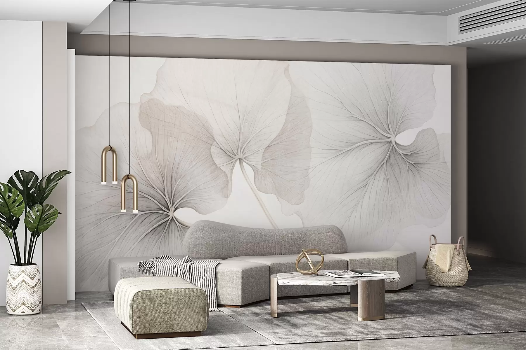 fototapet Trei frunze translucide cu nervuri vizibile, cu textură zgomotoasă, ușor suprapuse, cu tulpini subțiri pe fond alb w09052