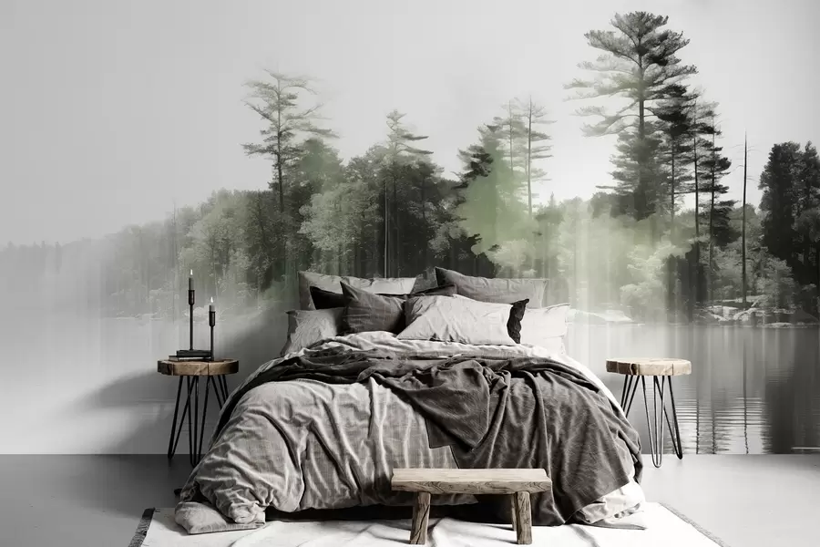 fototapet Abstract minimalism texturat peisaj cu un lac și copaci reflecții în apă în nuanțe de verde și alb w09058