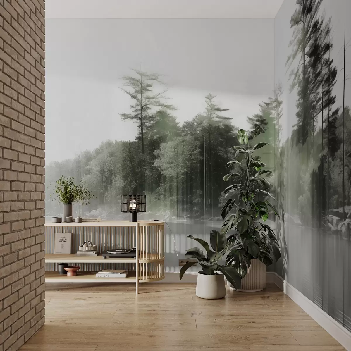 fototapet Abstract minimalism texturat peisaj cu un lac și copaci reflecții în apă în nuanțe de verde și alb w09058