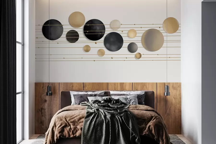fototapet Design abstract modern cu cercuri texturate în tonuri de alb, galben și gri, conectate prin linii subțiri, artă minimalistă  w09060