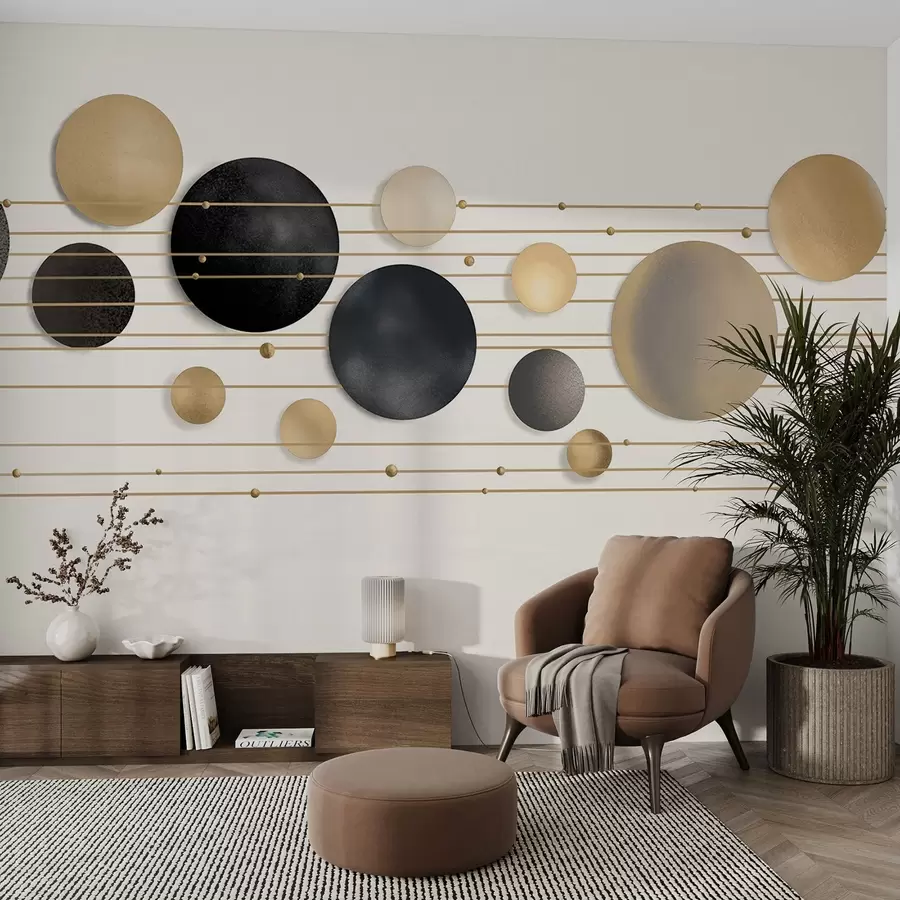 fototapet Design abstract modern cu cercuri texturate în tonuri de alb, galben și gri, conectate prin linii subțiri, artă minimalistă  w09060