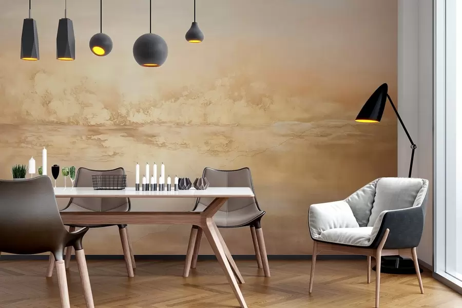 fototapet Peisaj abstract texturat cu culori calde, o atmosferă moale și visătoare și un amestec de nuanțe de portocaliu, galben și alb w09063