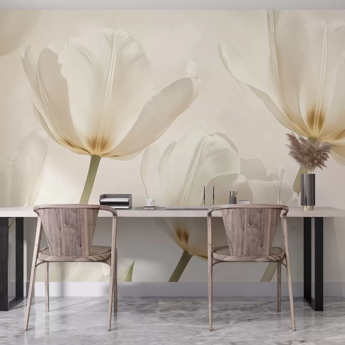 fototapet Lalele frumoase, florale, culori bej, realism w03877