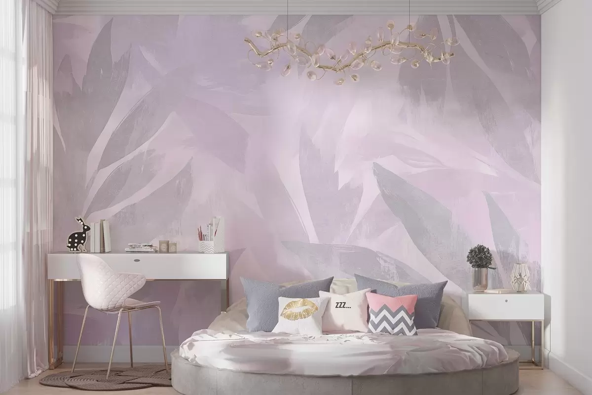 fototapet Frunze tropicale, florale, palmieri, stil pastel, culori mov w03881v1