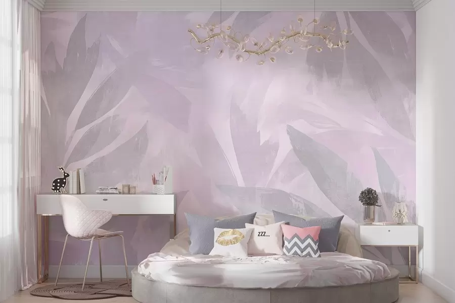 fototapet Frunze tropicale, florale, palmieri, stil pastel, culori mov w03881v1