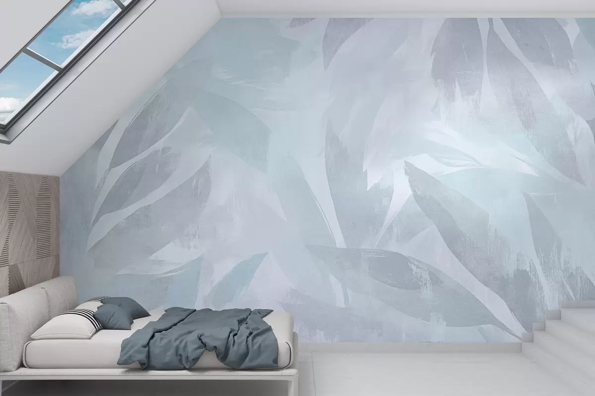 fototapet Frunze tropicale, florale, palmieri, stil pastel, culori albastre w03881v2