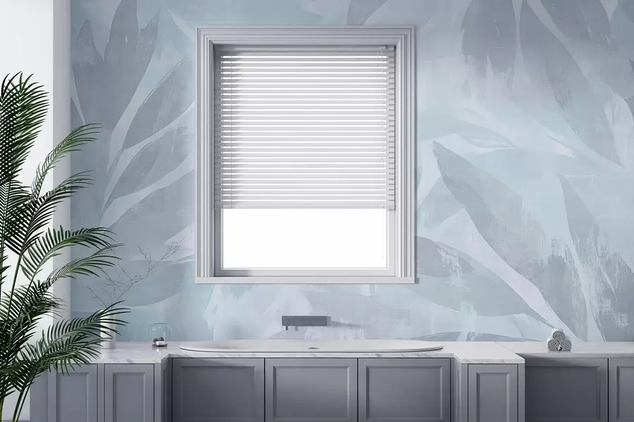 fototapet Frunze tropicale, florale, palmieri, stil pastel, culori albastre w03881v2