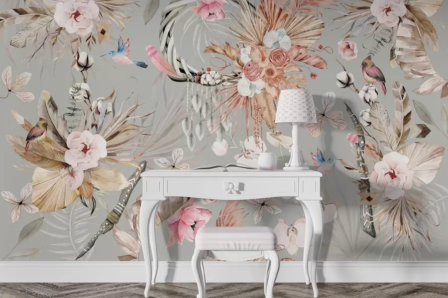 fototapet Ornament în stil boho cu flori de bujor și păsări, stil acuarelă, culori bej w03885