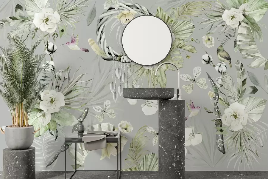 fototapet Ornament în stil boho cu flori de bujor și păsări, stil acuarelă, culori verzi w03885v2