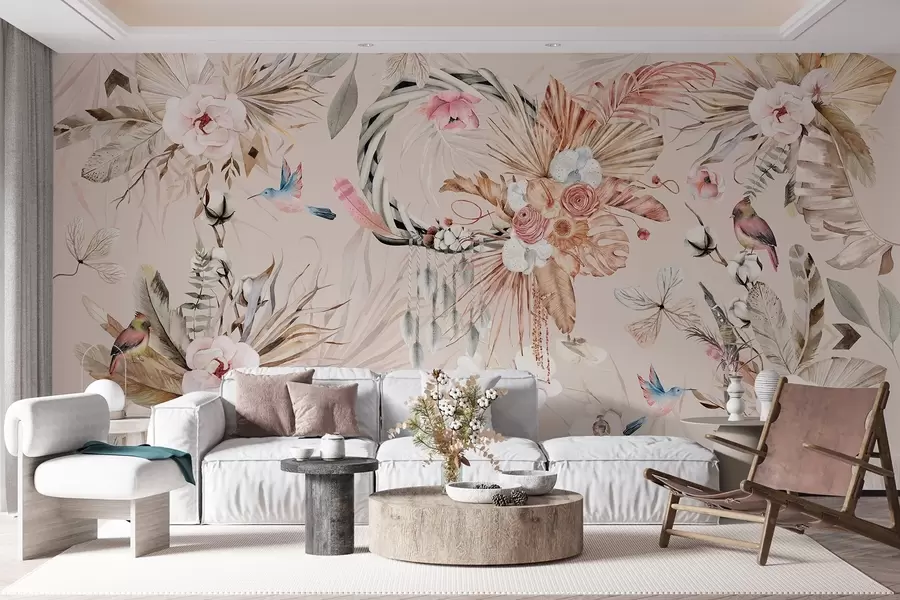 fototapet Ornament în stil boho cu flori de bujor și păsări, stil acuarelă, culori moi w03885v3