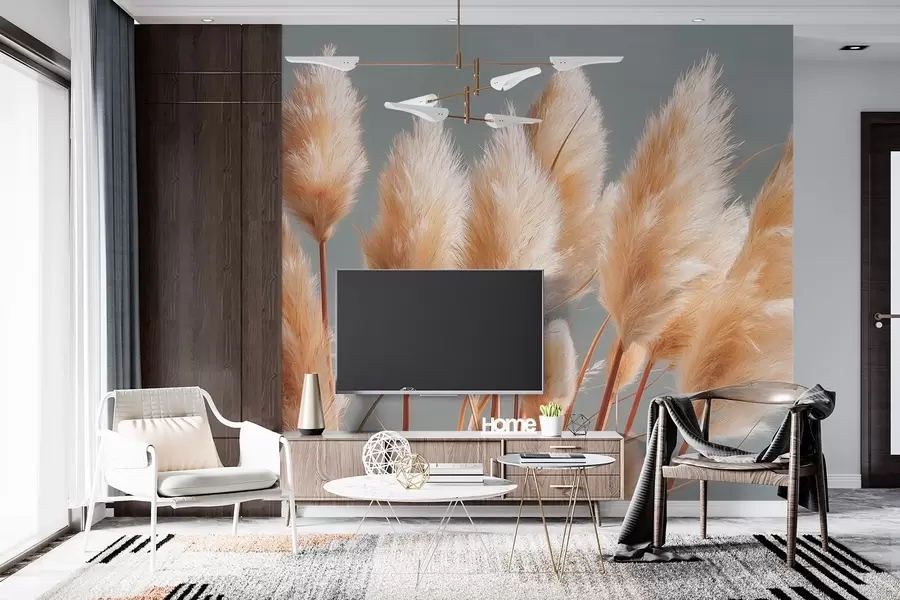 fototapet Iarbă de pampas bej pe un fundal albastru-cenușiu w09083