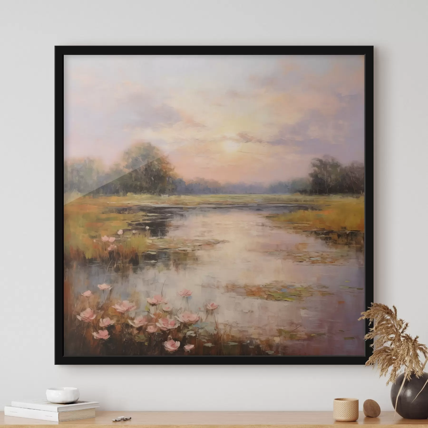 fototapet Corp de apă cu flori la apus de soare f44044