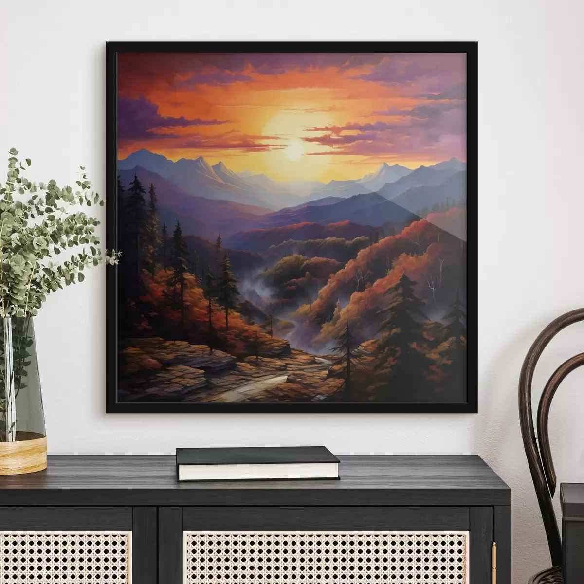 Poster Pădure și munți la apus de soare f44045