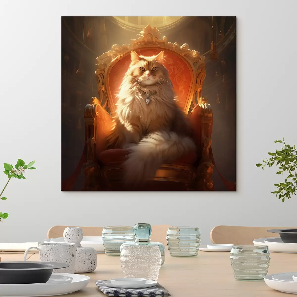 Tablouri Pisică regală cu ochi de chihlimbar pe un tron în razele de glorie în stil baroc s44250