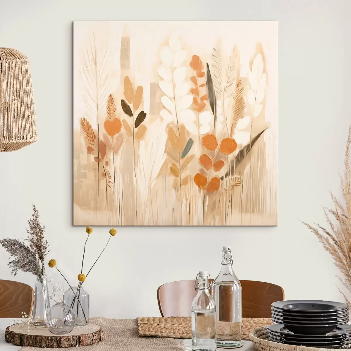 Tablouri Abstracție caldă cu ierburi de câmp și flori într-o paletă bej-portocaliu în stil Art Nouveau s44252