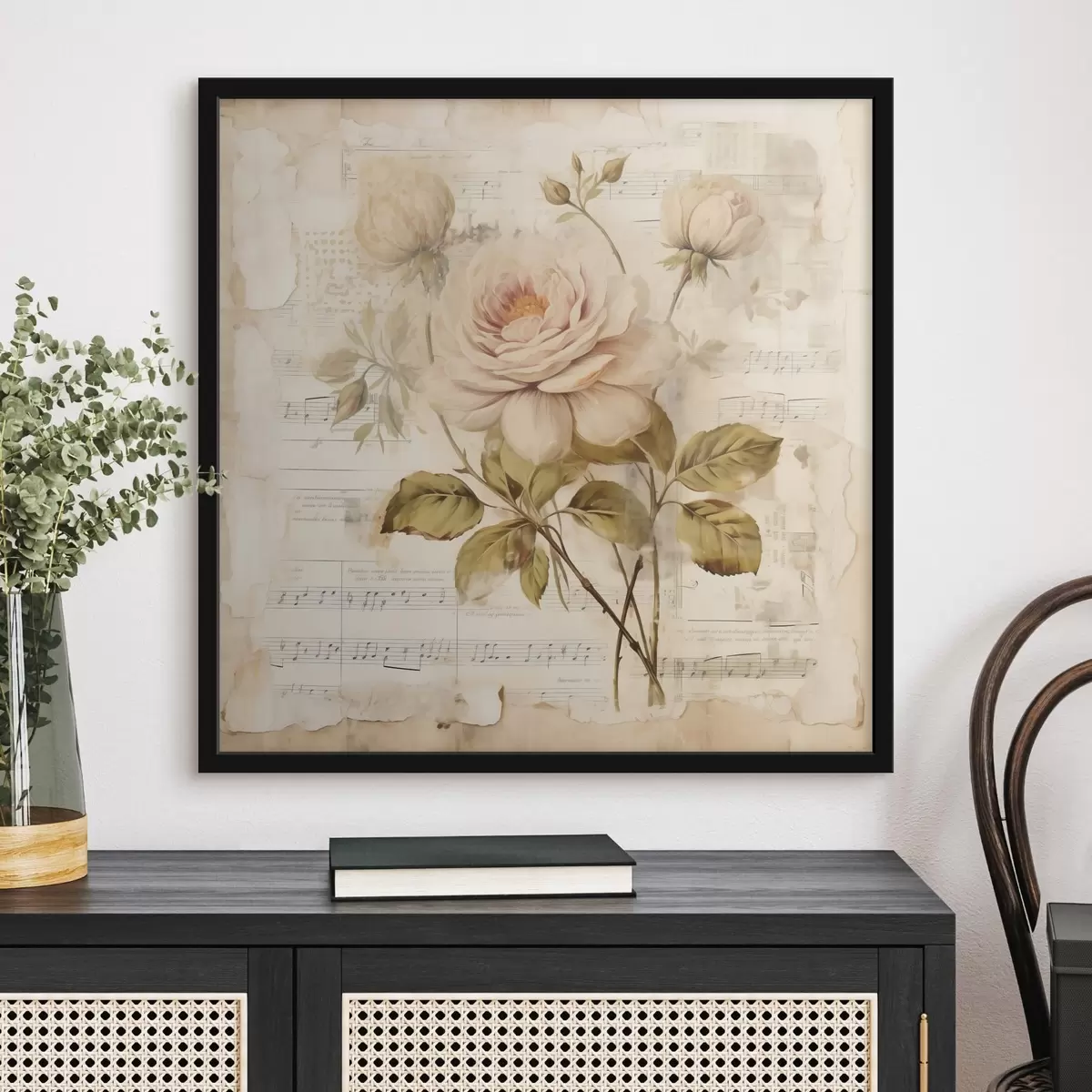 Poster Vintage compoziție de trandafiri pe fundalul de note vechi f44247