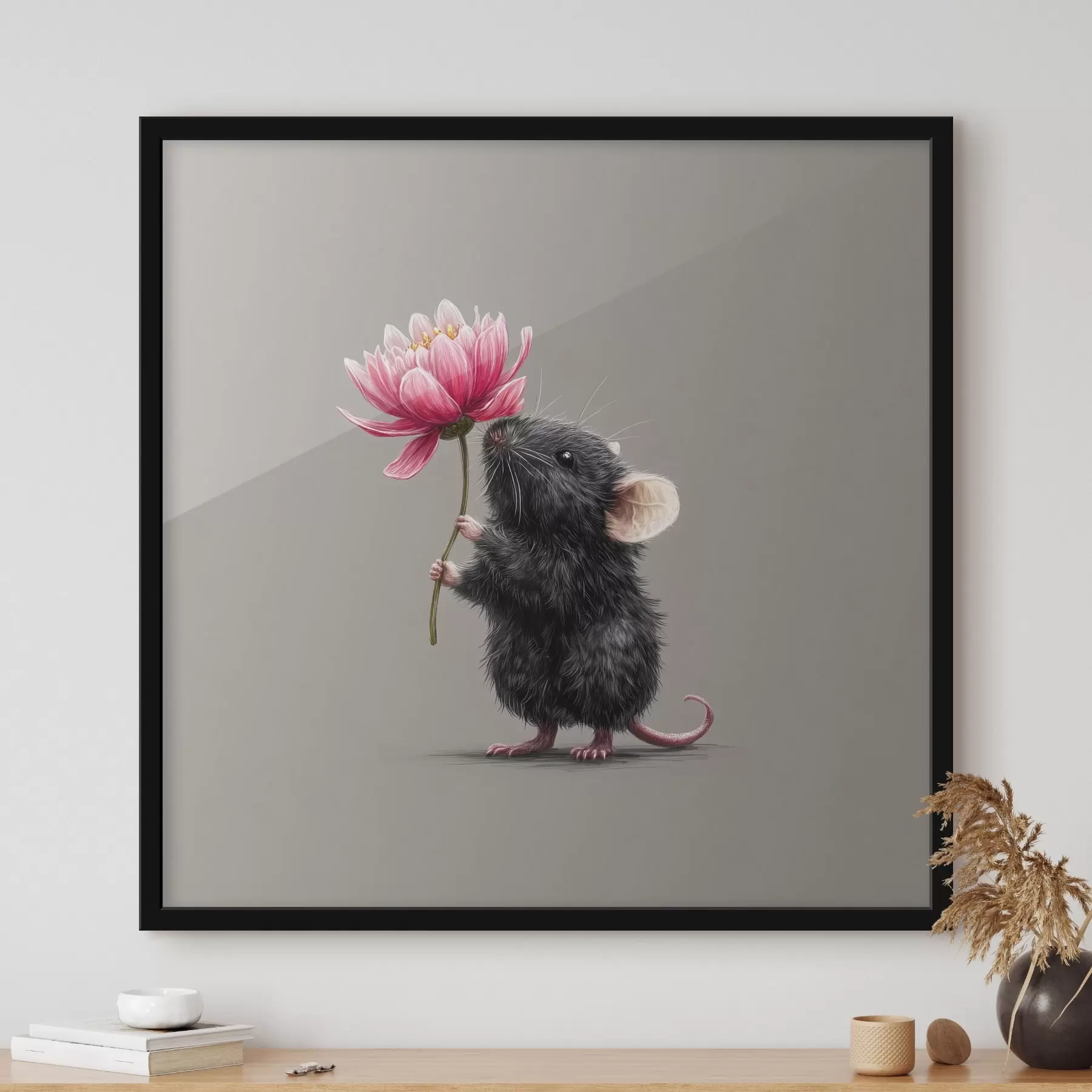 fototapet Șoarece fermecător inhalând aroma unei bujori roz f44248