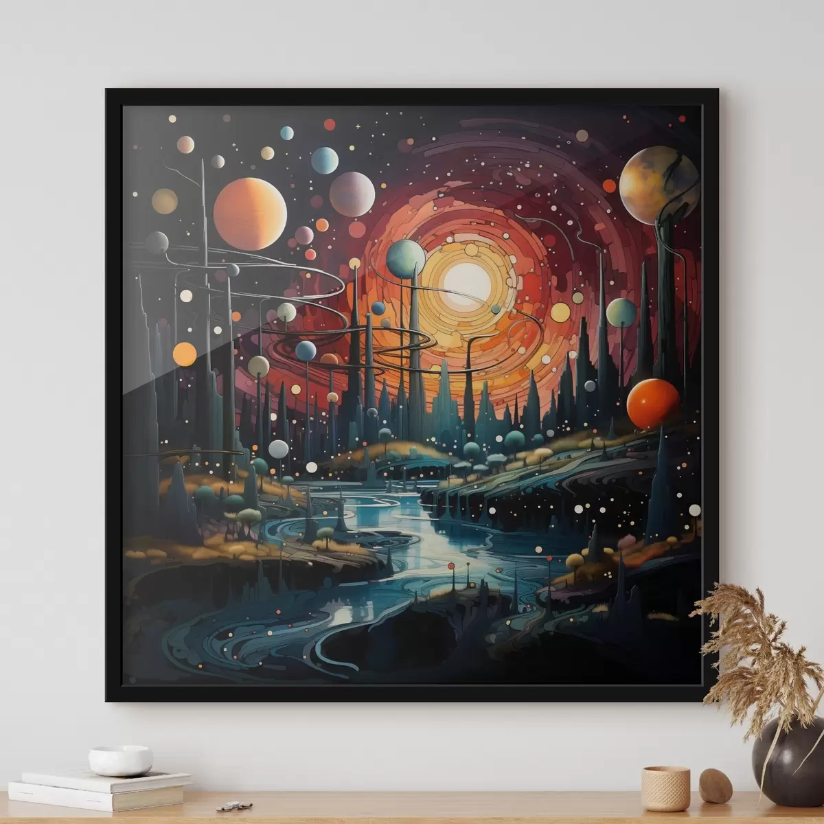 Poster Peisaj luminos și fantastic al unei lumi extraterestre cu planete și un râu f44249