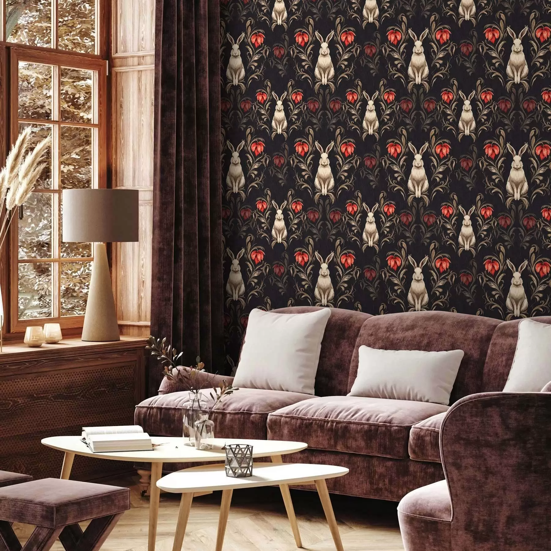 fototapet Iepure și flori roșii pe un fundal întunecat a00102