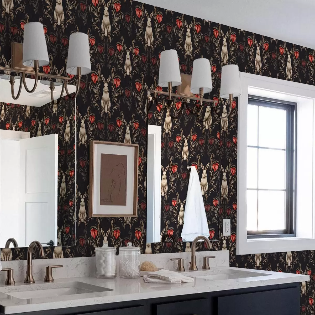 Wallpaper Iepure și flori roșii pe un fundal întunecat a00102