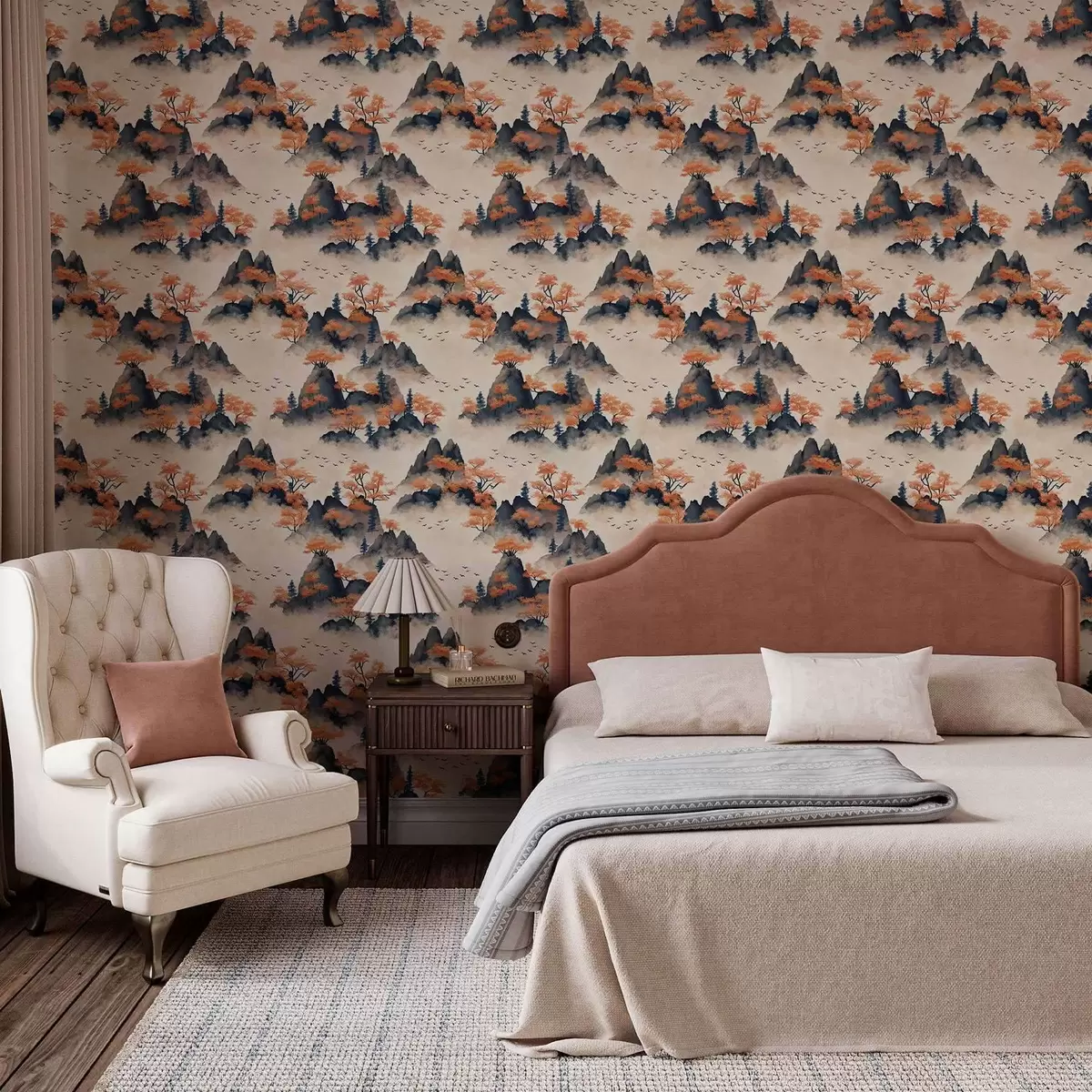 Wallpaper Munți de toamnă în ceață cu copaci portocalii și păsări a00104