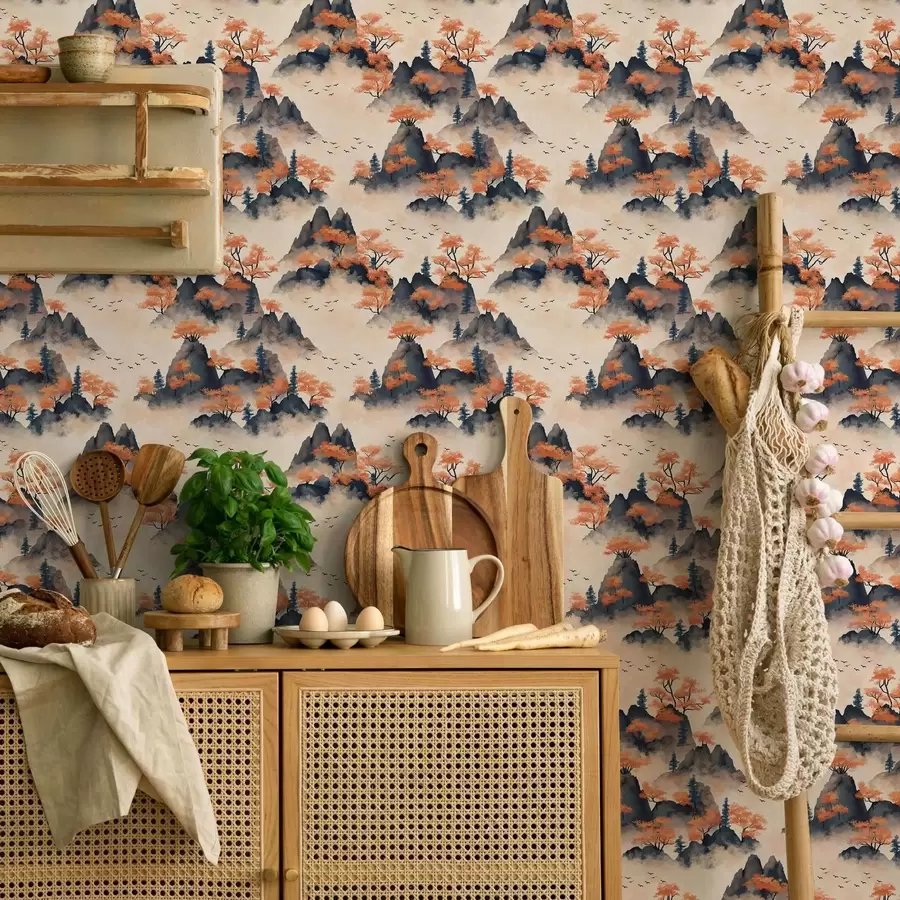 fototapet Munți de toamnă în ceață cu copaci portocalii și păsări a00104