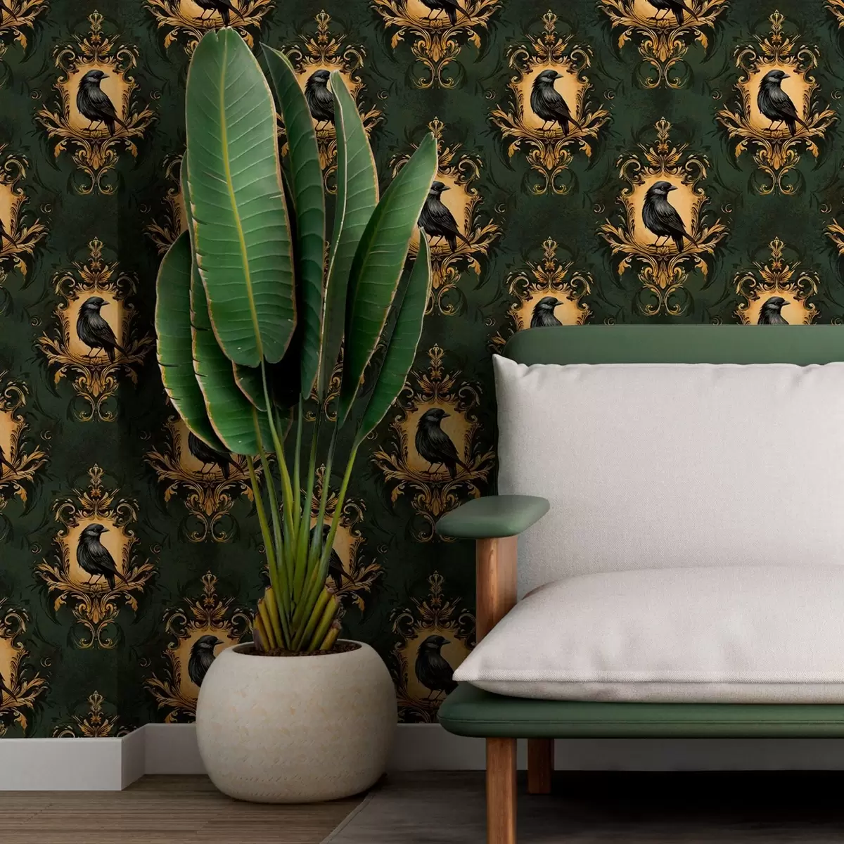 Wallpaper Corb într-un cadru pe un fundal verde a00105