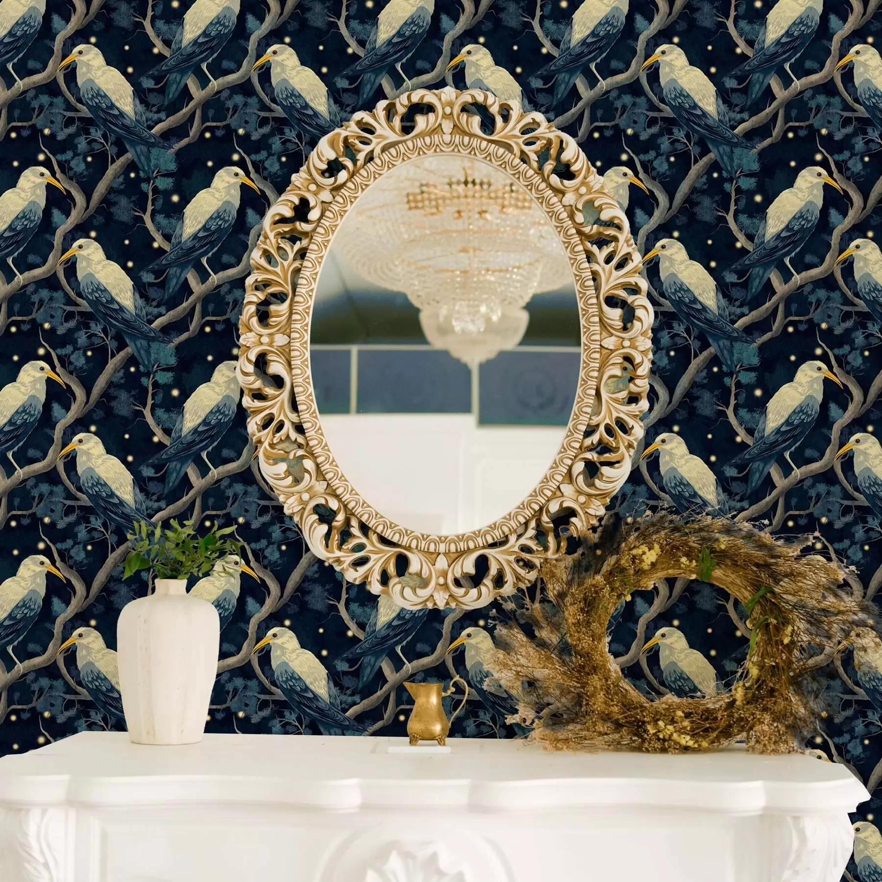 fototapet Păsări albe pe ramuri printre licurici strălucitori în pădurea de noapte a00109