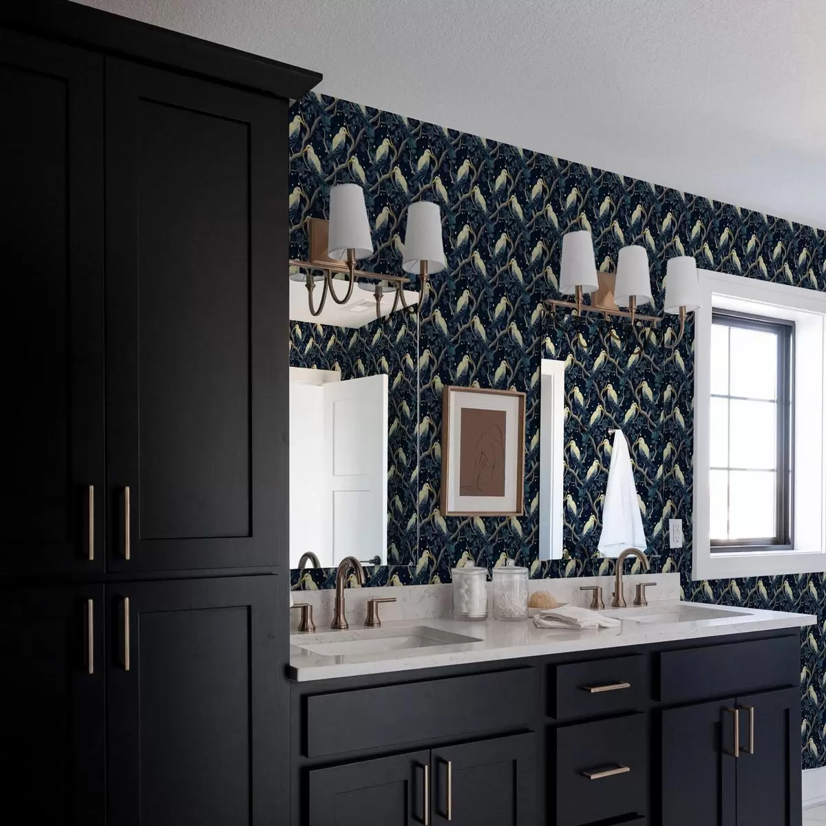 Wallpaper Păsări albe pe ramuri printre licurici strălucitori în pădurea de noapte a00109