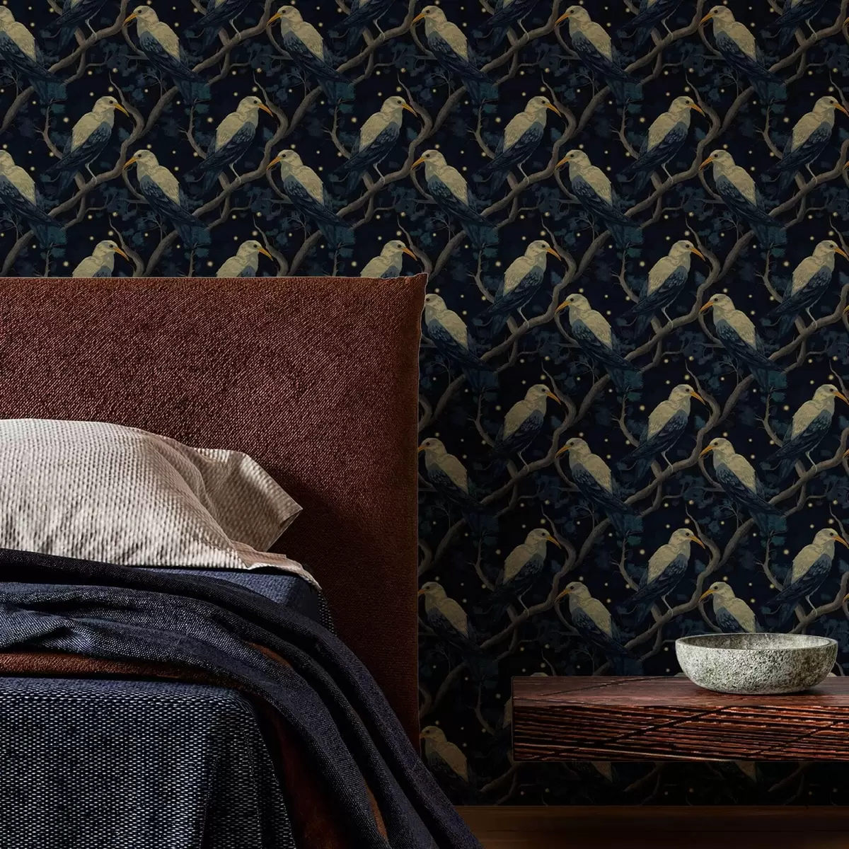 Wallpaper Păsări de noapte pe ramuri și stele pe un fundal albastru închis a00109v1