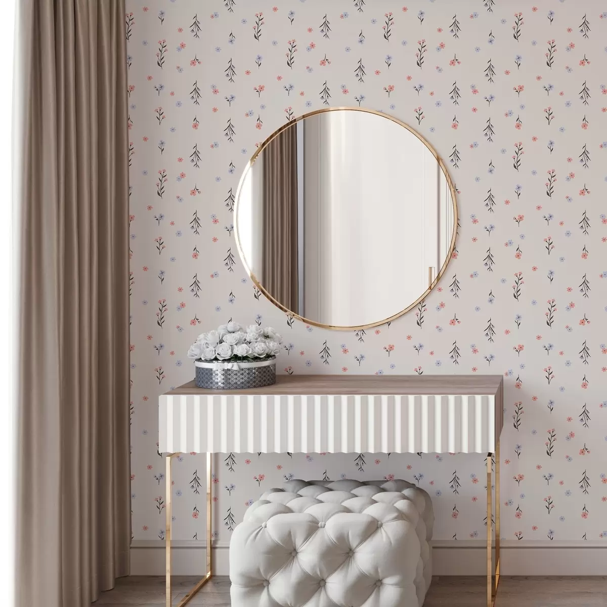 Wallpaper Flori mici în tonuri de roz pal și albastru pe un fundal crem a00110