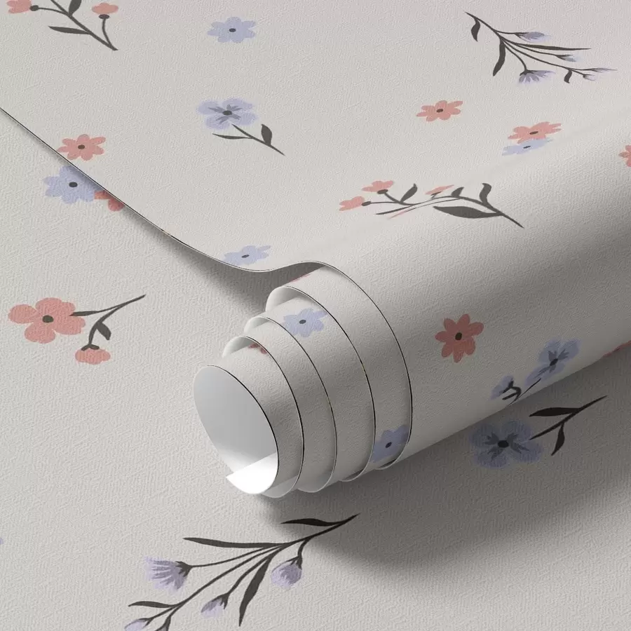 fototapet Flori mici în tonuri de roz pal și albastru pe un fundal crem a00110